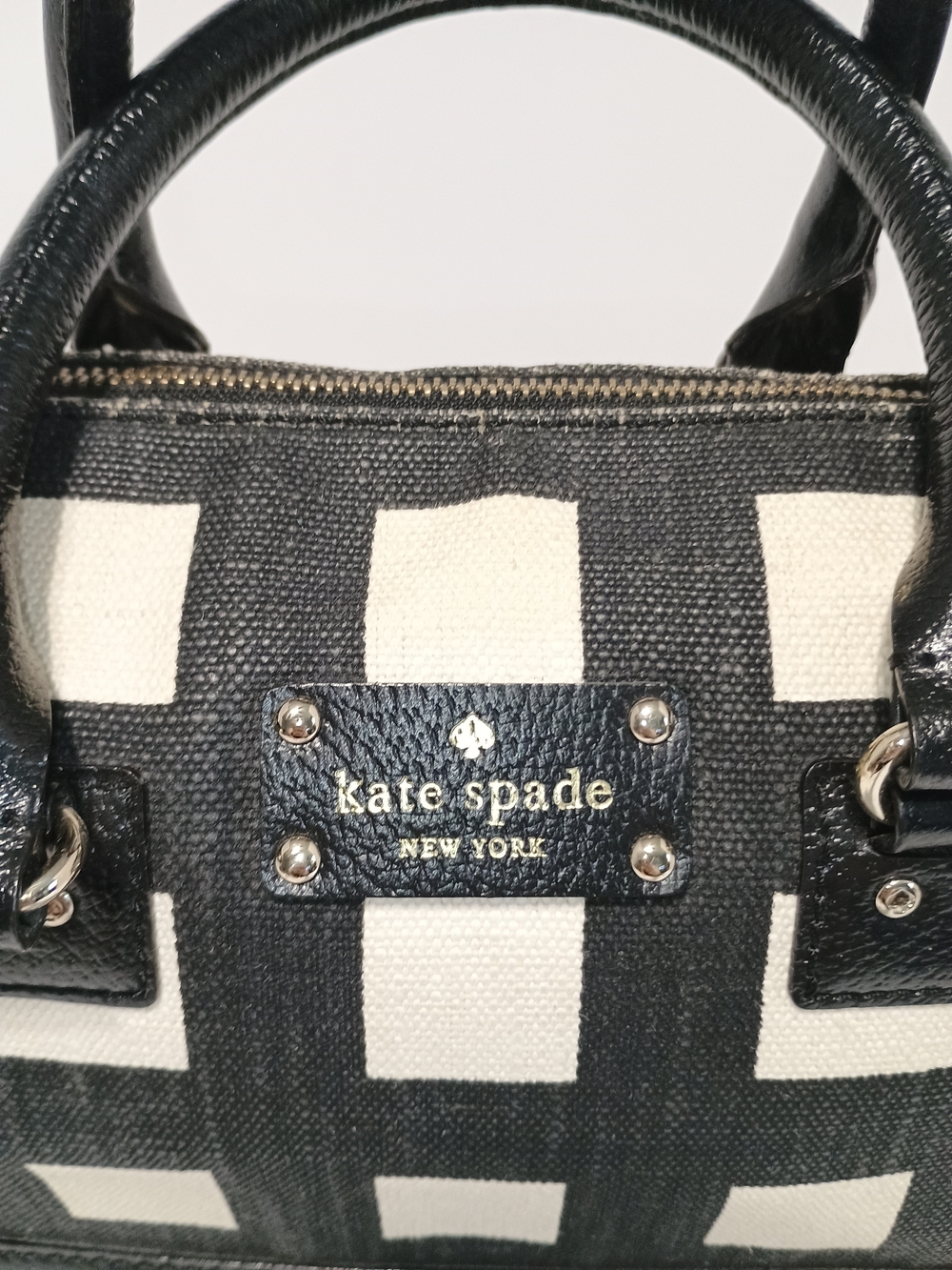 Kate Spade New York Black Cream Checkered Satchel Handbag Structured Purse - Picture 3 of 10
